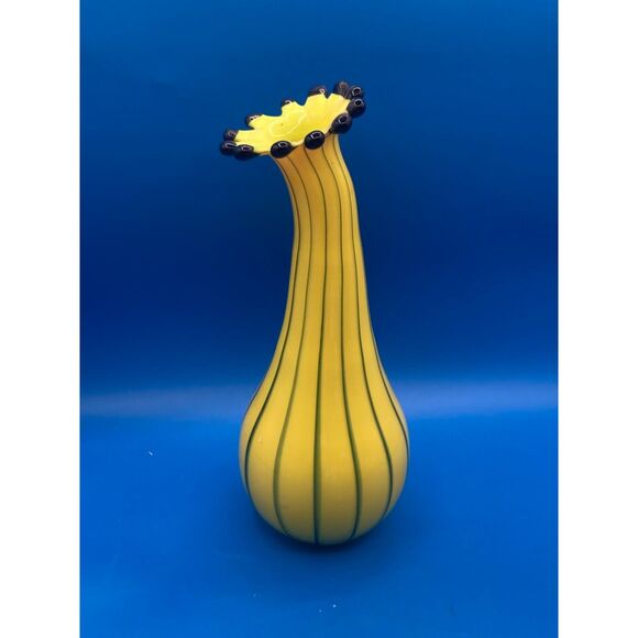 Czech Eastern Art Glass Tall Flower Vase Yellow 12" tall blown blue stripes nibs - Picture 2 of 4